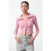HOXTON GAL Women's Bodycon Ribbed Stretch Polo Neck Crop Top with Button Detail in Pink | Size: XS