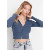 HOXTON GAL Women's Bodycon Ribbed Stretch Polo Neck Crop Top with Button Detail in Indigo | Size: XL