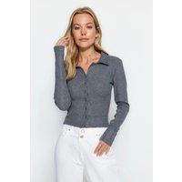 HOXTON GAL Women's Bodycon Ribbed Stretch Polo Neck Crop Top with Button Detail in Dark Grey | Size: Small