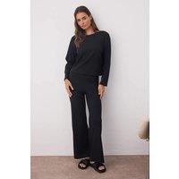 HOXTON GAL Women's Cozy Ribbed Knit Long Sleeve & Wide Leg Pajama Set - 2 Piece in Black | Size: Medium
