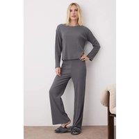 HOXTON GAL Women's Cozy Ribbed Knit Long Sleeve & Wide Leg Pajama Set - 2 Piece in Grey | Size: Large