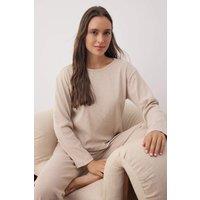 HOXTON GAL Women's Cozy Ribbed Knit Long Sleeve & Wide Leg Pajama Set - 2 Piece in Beige | Size: Small
