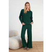 HOXTON GAL Women's Cozy Ribbed Knit Long Sleeve & Wide Leg Pajama Set - 2 Piece in Green | Size: Large