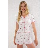 HOXTON GAL Women's Oversized Fit Ribbed Knit Pyjama Short Set with Bow Detail in White | Size: Large