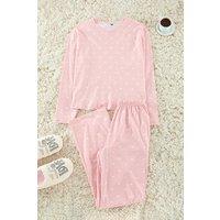 HOXTON GAL Women's Women's Relaxed Fit Pyjama Set Polka Dot & Heart Print in Pink | Size: Large