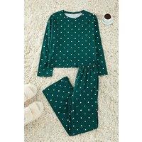 HOXTON GAL Women's Women's Relaxed Fit Pyjama Set Polka Dot & Heart Print in Green | Size: Small
