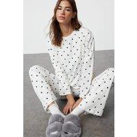 HOXTON GAL Women's Women's Relaxed Fit Pyjama Set Polka Dot & Heart Print in White | Size: Medium