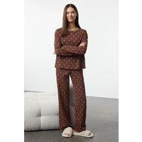 HOXTON GAL Women's Women's Relaxed Fit Pyjama Set Polka Dot & Heart Print in Brown | Size: XL