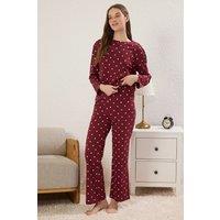 HOXTON GAL Women's Women's Relaxed Fit Pyjama Set Polka Dot & Heart Print in Burgundy | Size: Small