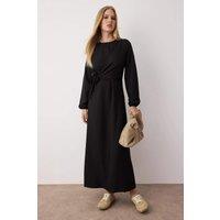HOXTON GAL Women's Linen Look Long Sleeve Maxi Dress with Waist Tie Detail in Black | Size: 12