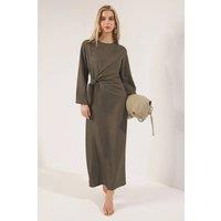 HOXTON GAL Women's Linen Look Long Sleeve Maxi Dress with Waist Tie Detail in Khaki | Size: 10