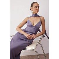 HOXTON GAL Women's Satin Maxi Evening Dress with Spaghetti Straps & Shawl Detail in Lilac | Size: 8