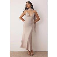 HOXTON GAL Women's Satin Maxi Evening Dress with Spaghetti Straps & Shawl Detail in Light Grey | Size: 14