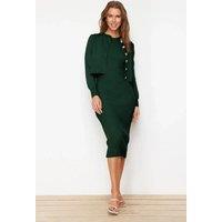 HOXTON GAL Women's 2 Piece Ribbed Midi Dress with Matching Cardigan Set in Green | Size: Small