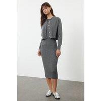 HOXTON GAL Women's 2 Piece Ribbed Midi Dress with Matching Cardigan Set in Dark Grey | Size: Large
