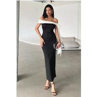 HOXTON GAL Women's Elegant Off-Shoulder Fitted Knit Maxi Dress with Shoulder Bow Detail in Black | Size: 14