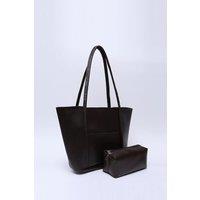HOXTON GAL Women's Large Faux Leather Tote Bag with Shoulder Straps & Makeup Pouch in Dark Brown