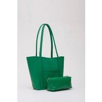 HOXTON GAL Women's Large Faux Leather Tote Bag with Shoulder Straps & Makeup Pouch in Green