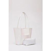 HOXTON GAL Women's Large Faux Leather Tote Bag with Shoulder Straps & Makeup Pouch in White