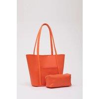 HOXTON GAL Women's Large Faux Leather Tote Bag with Shoulder Straps & Makeup Pouch in Orange