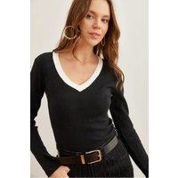 HOXTON GAL Women's V-Neck Ribbed Stretch Blouse with Contrast Neck Detail in Black | Size: S/M