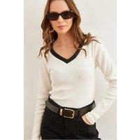 HOXTON GAL Women's V-Neck Ribbed Stretch Blouse with Contrast Neck Detail in Ecru | Size: S/M