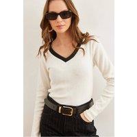 HOXTON GAL Women's V-Neck Ribbed Stretch Blouse with Contrast Neck Detail in Ecru | Size: Large/XL
