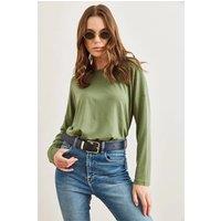 HOXTON GAL Women's Draped Viscose Blouse with Crew Neck & Batwing Sleeves in Green | Size: Medium