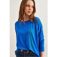 HOXTON GAL Women's Draped Viscose Blouse with Crew Neck & Batwing Sleeves in Blue | Size: XL