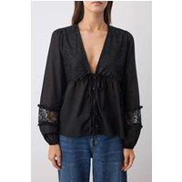 HOXTON GAL Women's Lace-Trim Cotton V-Neck Woven Blouse With Tie Detail with Long Sleeve in Black | Size: 8