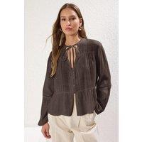HOXTON GAL Women's Cotton Textured Shirt With Lace Sleeve Detail Regular Fit in Brown | Size: 12