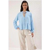 HOXTON GAL Women's Cotton Textured Shirt With Lace Sleeve Detail Regular Fit in Blue | Size: 6