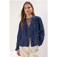 HOXTON GAL Women's Cotton Textured Shirt With Lace Sleeve Detail Regular Fit in Navy | Size: 10