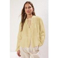 HOXTON GAL Women's Cotton Textured Shirt With Lace Sleeve Detail Regular Fit in Yellow | Size: 12
