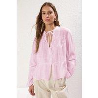 HOXTON GAL Women's Cotton Textured Shirt With Lace Sleeve Detail Regular Fit in Pink | Size: 14