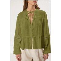 HOXTON GAL Women's Cotton Textured Shirt With Lace Sleeve Detail Regular Fit in Khaki | Size: 6