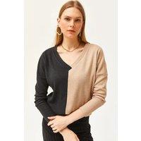 HOXTON GAL Women's Oversized Brushed V-Neck Colorblock Blouse in Brown | Size: Large