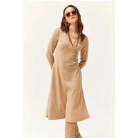 HOXTON GAL Women's Knit V-Neck Midi A-Line Dress with Button Detail in Camel | Size: Large