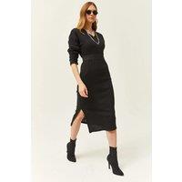 HOXTON GAL Women's Regular Fit V-Neck Ribbed Knit Midi Dress with Side Slit in Black | Size: Large