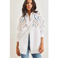 HOXTON GAL Women's Oversized Sequin Embellished Oversized Wool Effect Shirt in White | Size: Large