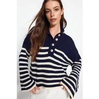 HOXTON GAL Women's Oversized Button Collar Stripe Knit Jumper in Navy | Size: Medium