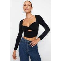 WOVCOR Women's Cut Out Detailed Knit Crop Top in Black | Size: 8
