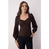 WOVCOR Women's Woven Blouse with Gathered Detail in Brown | Size: 12