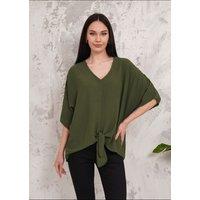 HOXTON GAL Women's Oversized V Neck Tie Front Detailed Blouse with 3/4 Sleeves in Khaki
