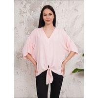 HOXTON GAL Women's Oversized V Neck Tie Front Detailed Blouse with 3/4 Sleeves in Pink