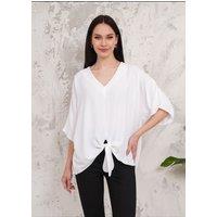 HOXTON GAL Women's Oversized V Neck Tie Front Detailed Blouse with 3/4 Sleeves in White
