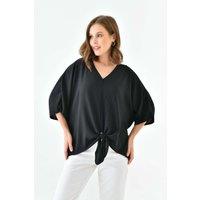 HOXTON GAL Women's Oversized V Neck Tie Front Detailed Blouse with 3/4 Sleeves in Black