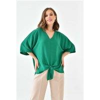 HOXTON GAL Women's Oversized V Neck Tie Front Detailed Blouse with 3/4 Sleeves in Green