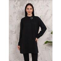 HOXTON GAL Women's Relaxed Fit Long Sleeves Brooch Detailed Tunic in Black | Size: 20-22