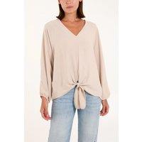 HOXTON GAL Women's Oversized V Neck Tie Detailed Long Sleeves Blouse in Beige